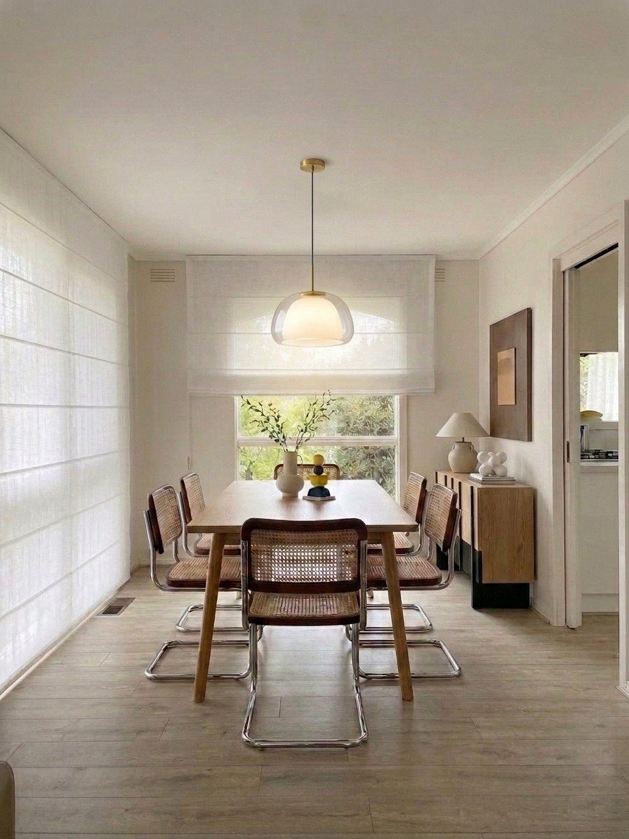 Mono Studio — dining area with cane-back chairs and a glass pendant light
