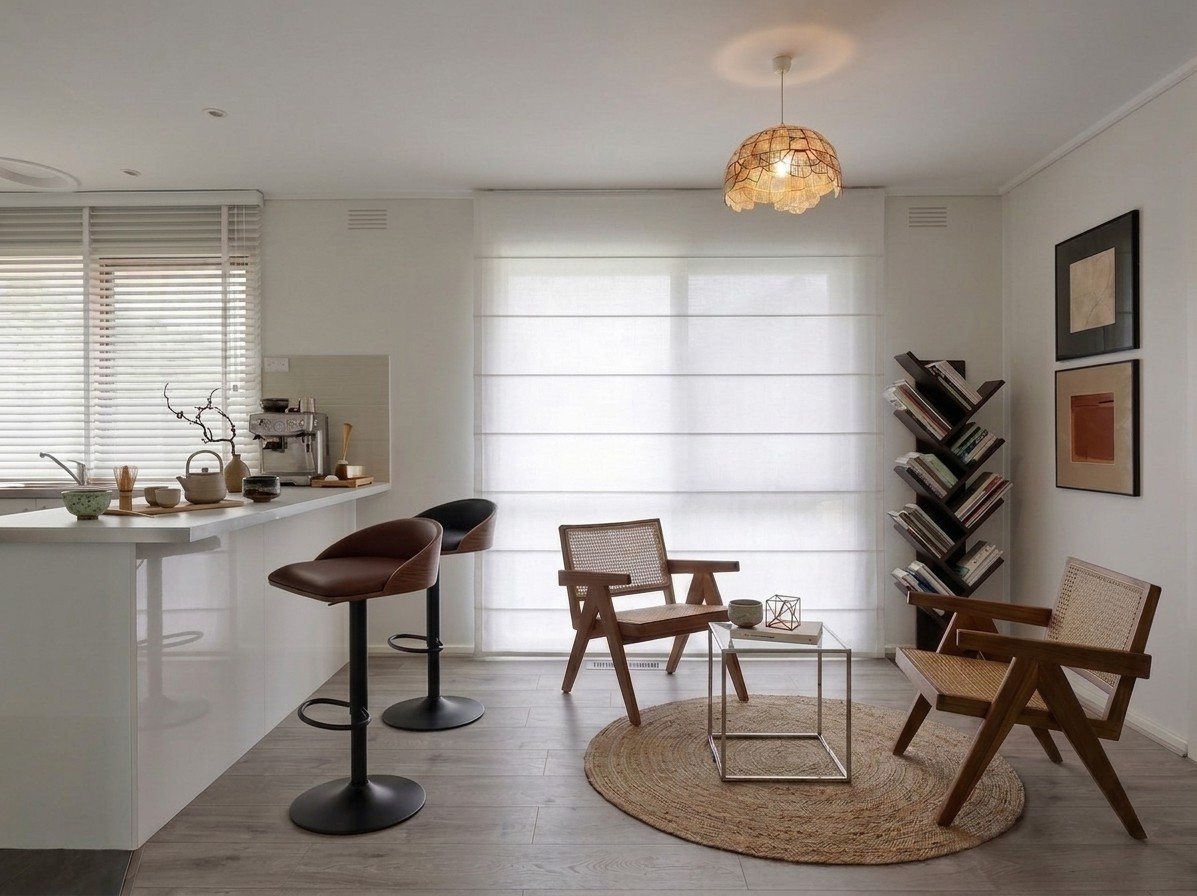 Mono Studio — kitchen counter and seating nook with a woven pendant light
