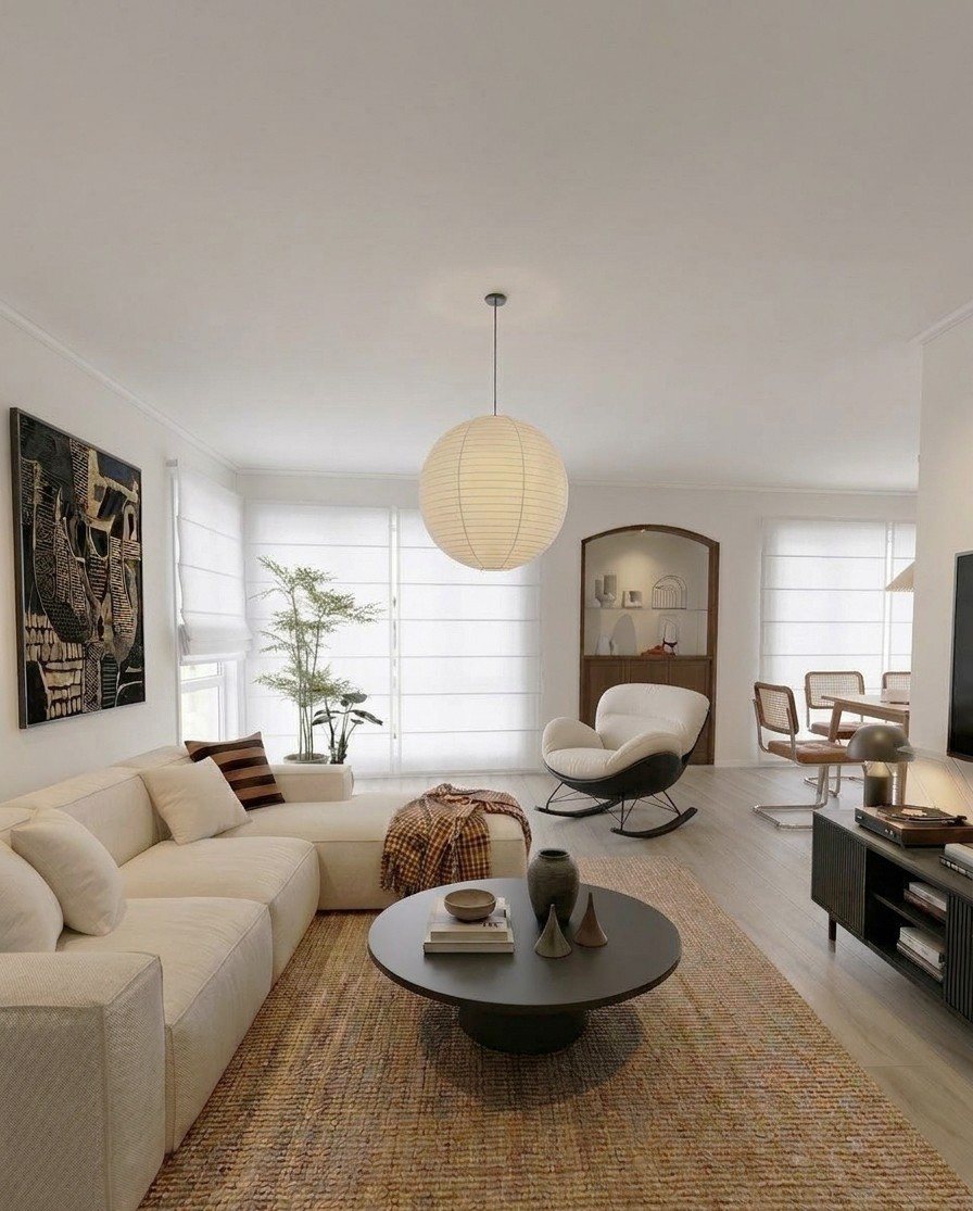 Mono Studio — living area with round pendant light and dark round coffee table