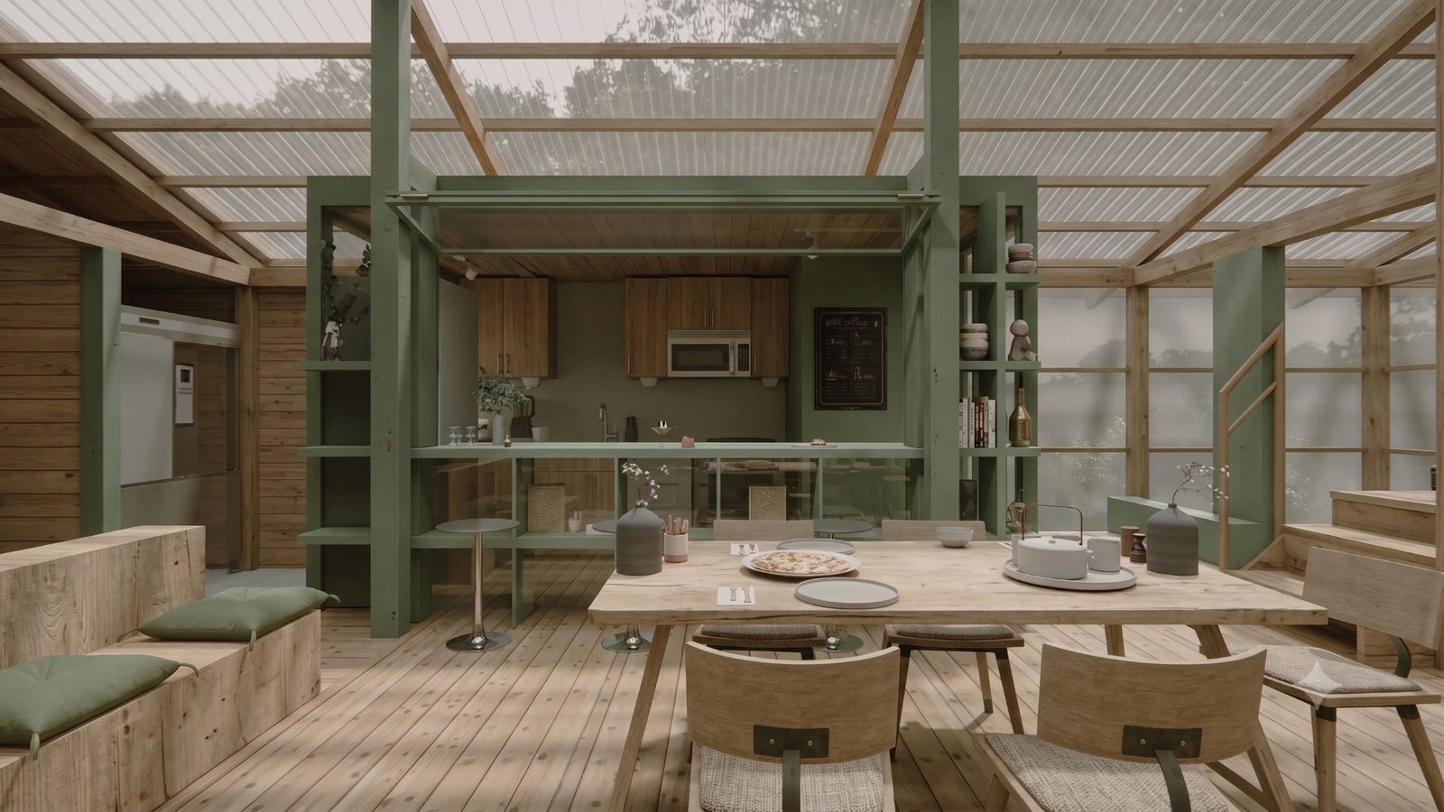 Nordfolk — dining counter and kitchen beneath the greenhouse-style roof