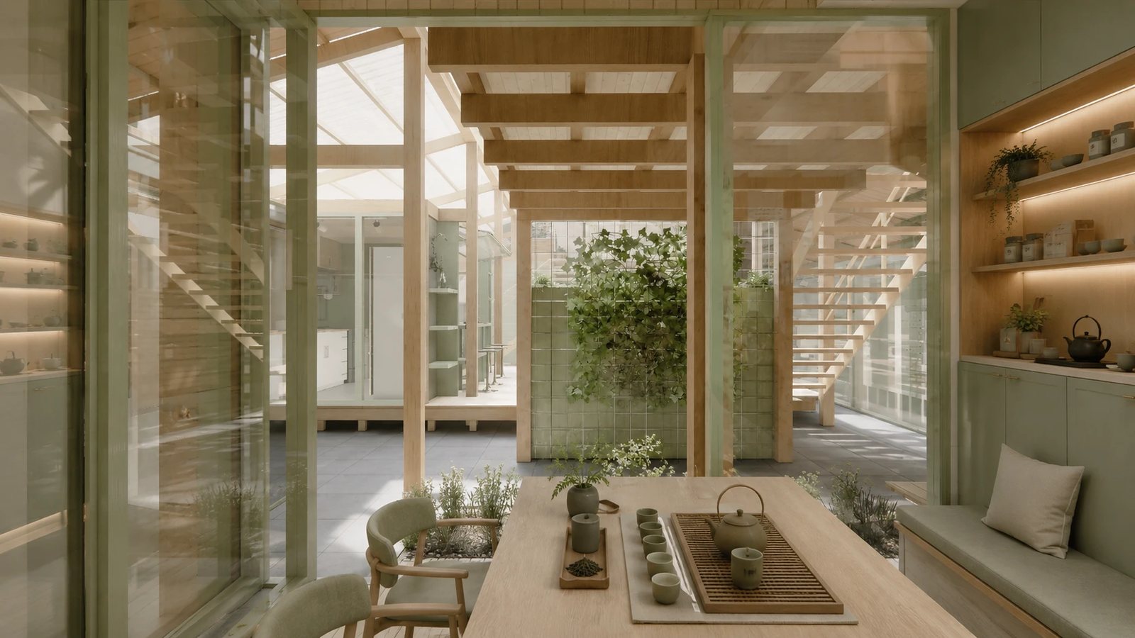 Nordfolk — tea table beside an open-air courtyard with planting