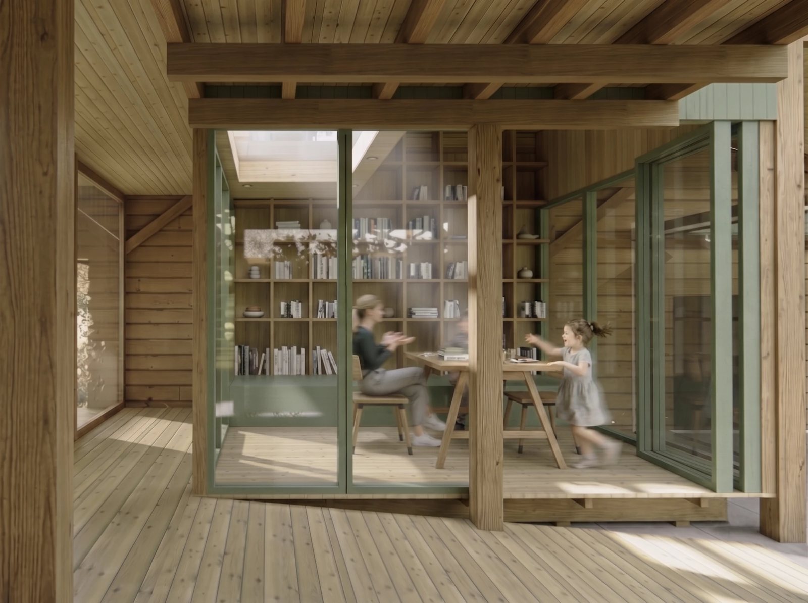 Nordfolk — reading nook with built-in bookshelves and sliding glass doors